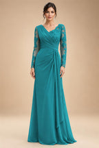 Chiffon Sheath/Column V-Neck Floor-Length Mother of the Bride & Groom Dresses with Lace Embroidery Bodice & Ruched Waist (SHI22501510)