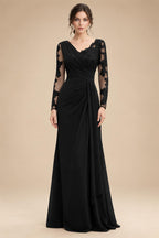 Chiffon Sheath/Column V-Neck Floor-Length Mother of the Bride & Groom Dresses with Lace Embroidery Bodice & Ruched Waist (SHI22501510)