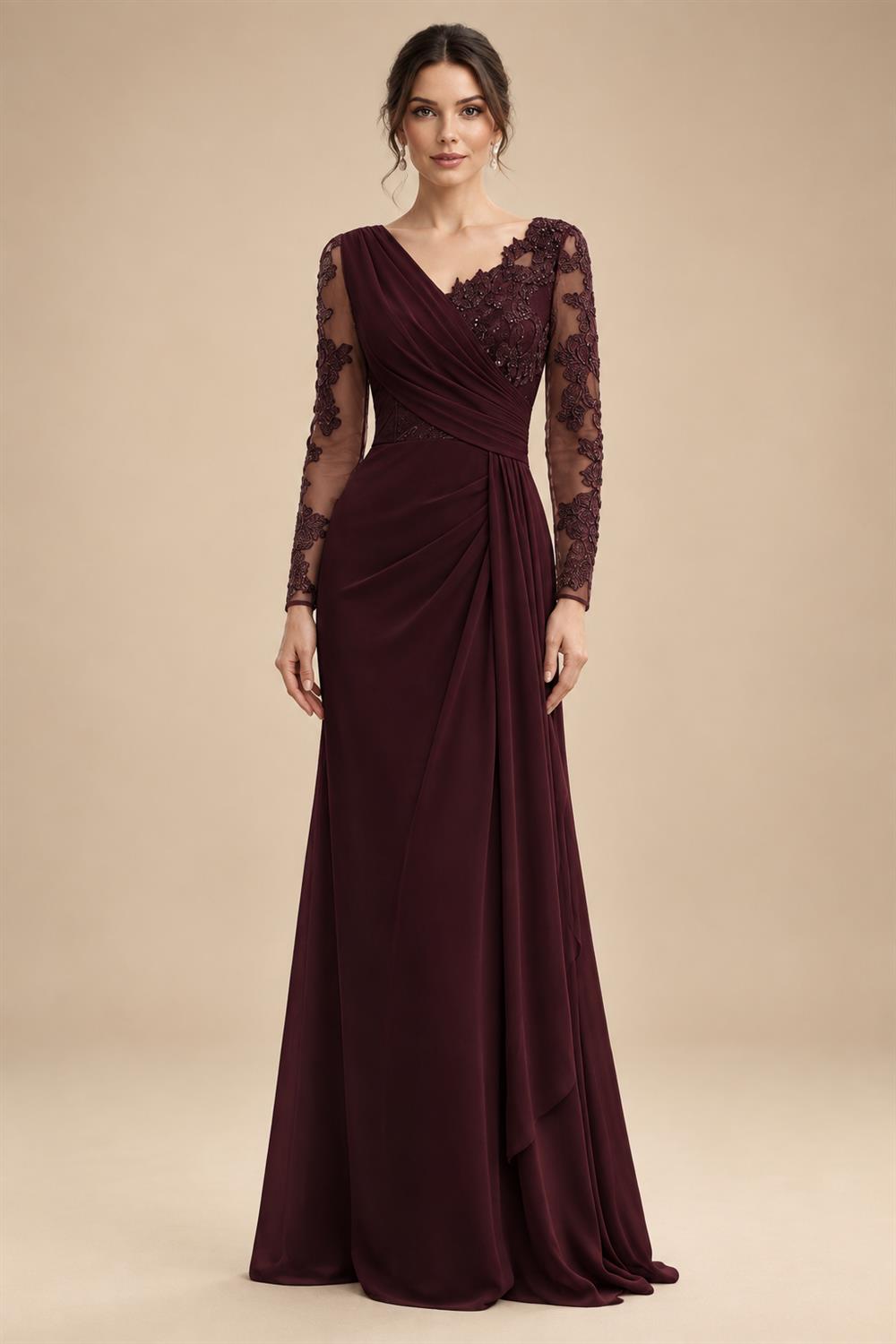 Chiffon Sheath/Column V-Neck Floor-Length Mother of the Bride & Groom Dresses with Lace Embroidery Bodice & Ruched Waist (SHI22501510)