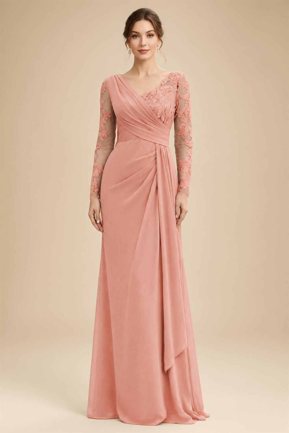 Chiffon Sheath/Column V-Neck Floor-Length Mother of the Bride & Groom Dresses with Lace Embroidery Bodice & Ruched Waist (SHI22501510)