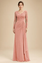 Chiffon Sheath/Column V-Neck Floor-Length Mother of the Bride & Groom Dresses with Lace Embroidery Bodice & Ruched Waist (SHI22501510)