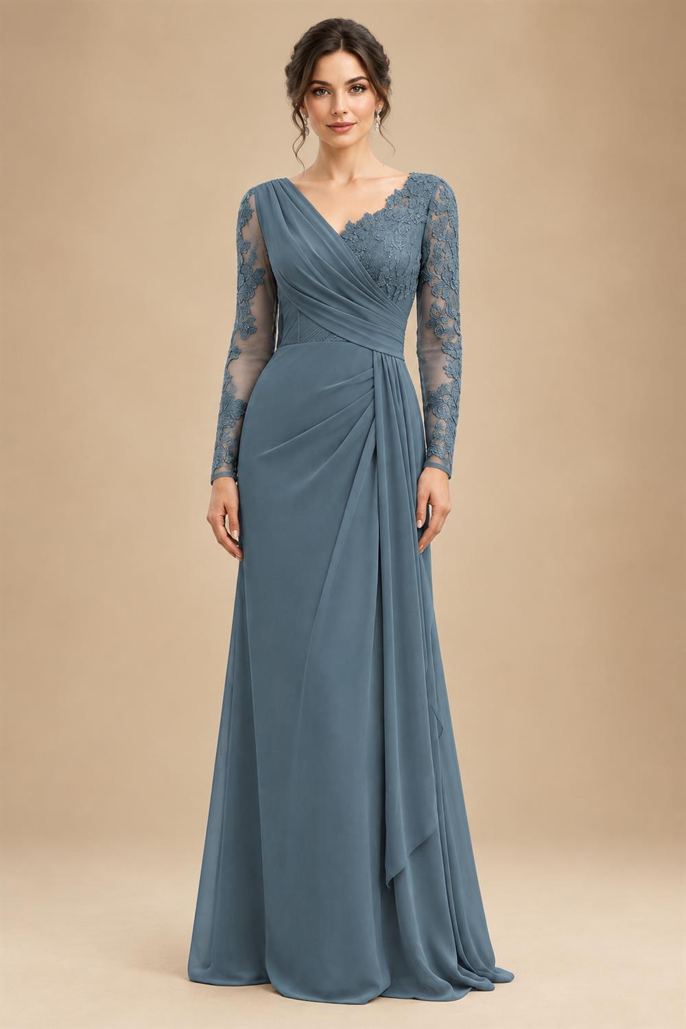 Chiffon Sheath/Column V-Neck Floor-Length Mother of the Bride & Groom Dresses with Lace Embroidery Bodice & Ruched Waist (SHI22501510)