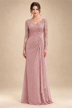 Chiffon Sheath/Column V-Neck Floor-Length Mother of the Bride & Groom Dresses with Lace Embroidery Bodice & Ruched Waist (SHI22501510)