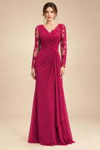 Chiffon Sheath/Column V-Neck Floor-Length Mother of the Bride & Groom Dresses with Lace Embroidery Bodice & Ruched Waist (SHI22501510)