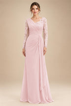 Chiffon Sheath/Column V-Neck Floor-Length Mother of the Bride & Groom Dresses with Lace Embroidery Bodice & Ruched Waist (SHI22501510)