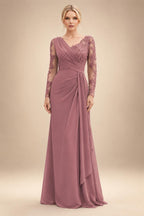 Chiffon Sheath/Column V-Neck Floor-Length Mother of the Bride & Groom Dresses with Lace Embroidery Bodice & Ruched Waist (SHI22501510)
