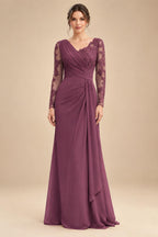 Chiffon Sheath/Column V-Neck Floor-Length Mother of the Bride & Groom Dresses with Lace Embroidery Bodice & Ruched Waist (SHI22501510)