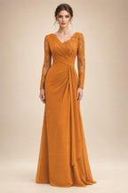 Chiffon Sheath/Column V-Neck Floor-Length Mother of the Bride & Groom Dresses with Lace Embroidery Bodice & Ruched Waist (SHI22501510)