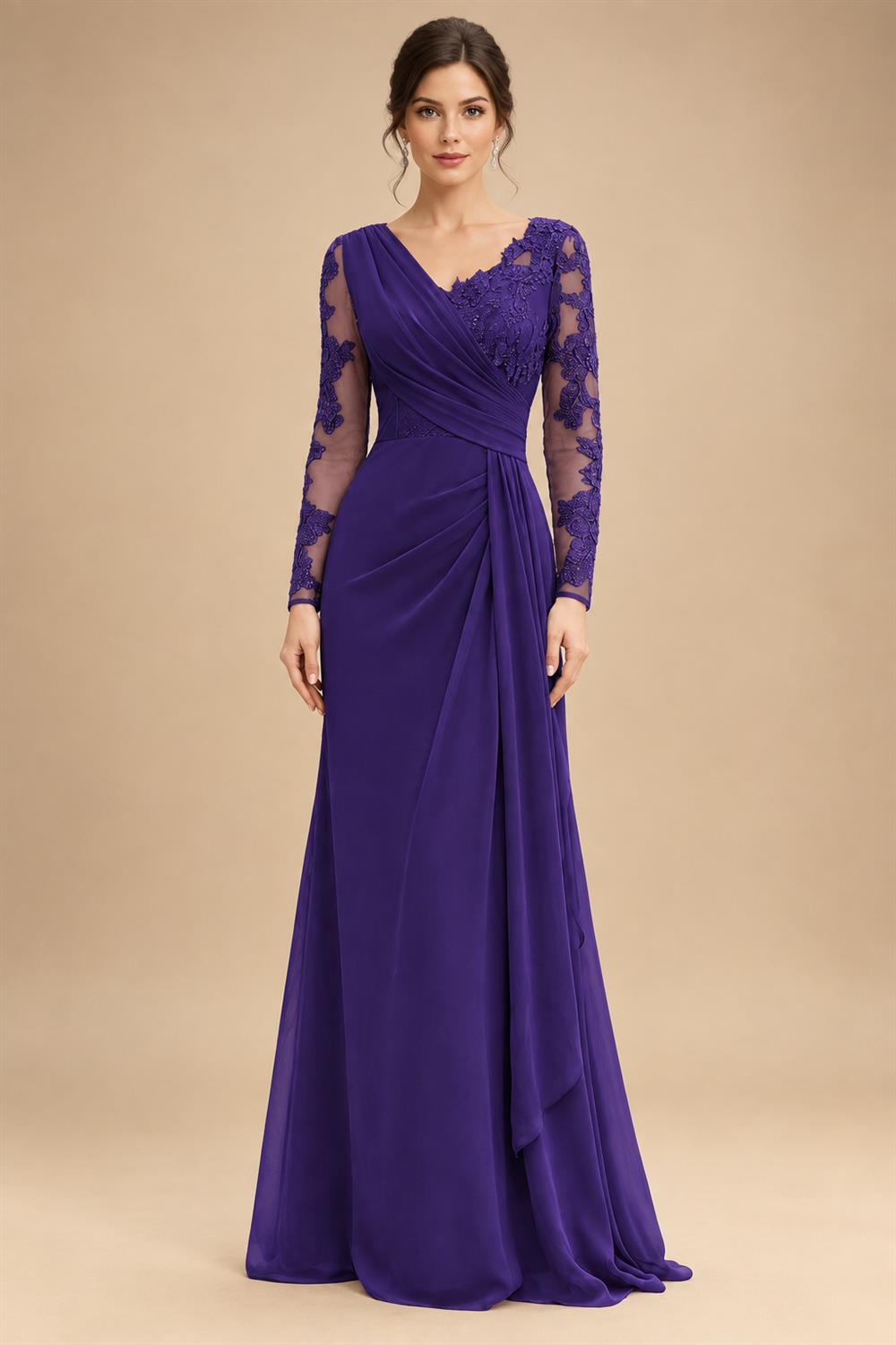 Chiffon Sheath/Column V-Neck Floor-Length Mother of the Bride & Groom Dresses with Lace Embroidery Bodice & Ruched Waist (SHI22501510)