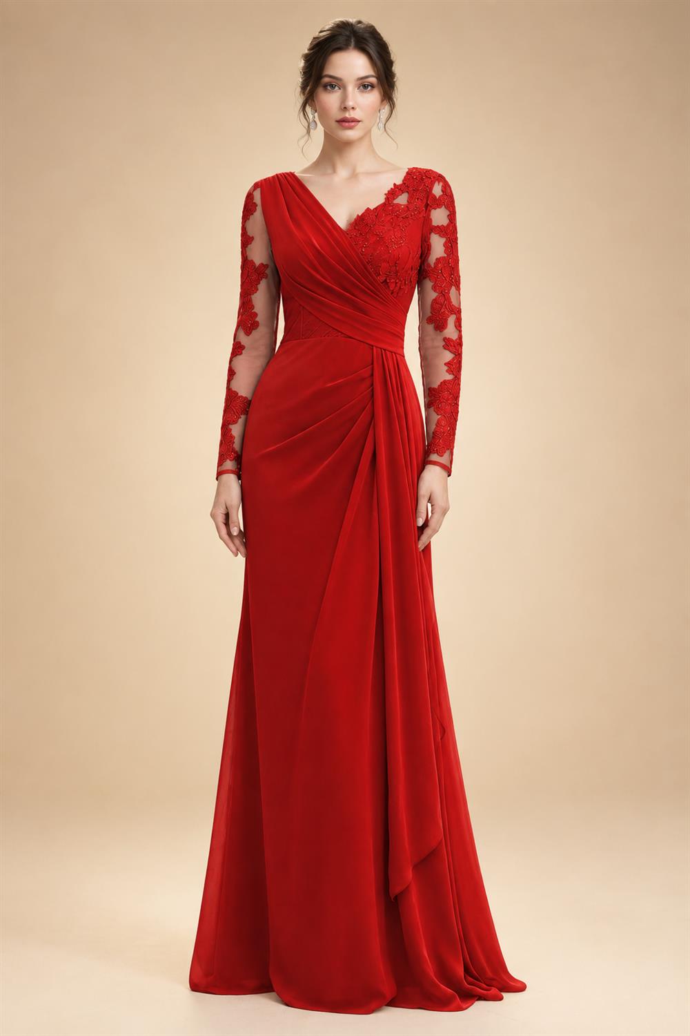 Chiffon Sheath/Column V-Neck Floor-Length Mother of the Bride & Groom Dresses with Lace Embroidery Bodice & Ruched Waist (SHI22501510)
