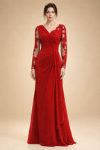 Chiffon Sheath/Column V-Neck Floor-Length Mother of the Bride & Groom Dresses with Lace Embroidery Bodice & Ruched Waist (SHI22501510)