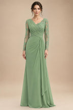 Chiffon Sheath/Column V-Neck Floor-Length Mother of the Bride & Groom Dresses with Lace Embroidery Bodice & Ruched Waist (SHI22501510)