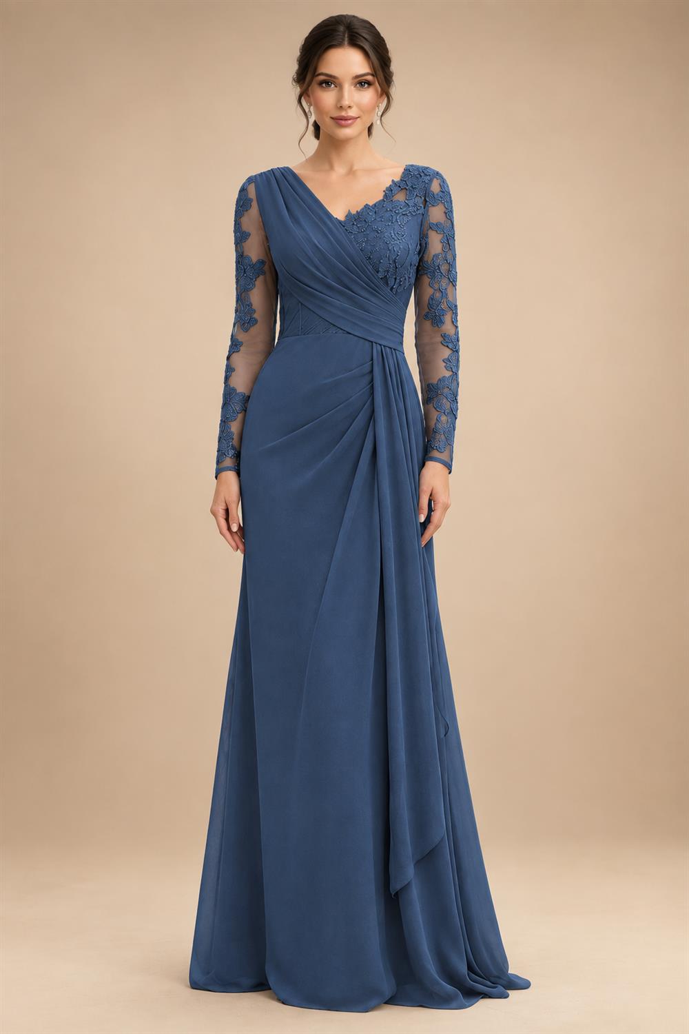 Chiffon Sheath/Column V-Neck Floor-Length Mother of the Bride & Groom Dresses with Lace Embroidery Bodice & Ruched Waist (SHI22501510)