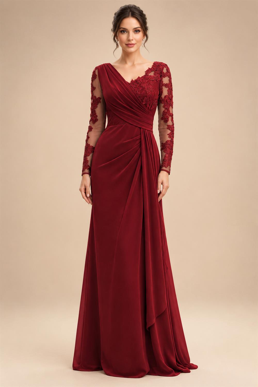 Chiffon Sheath/Column V-Neck Floor-Length Mother of the Bride & Groom Dresses with Lace Embroidery Bodice & Ruched Waist (SHI22501510)