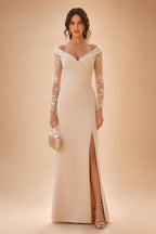 Sheath/Column Off Shoulder Stretch Jersey Floor-Length Mother of the Bride & Groom Dresses with Lace Appliques Sleeves & Slit (SHI22501550)