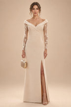 Sheath/Column Off Shoulder Stretch Jersey Floor-Length Mother of the Bride & Groom Dresses with Lace Appliques Sleeves & Slit (SHI22501550)