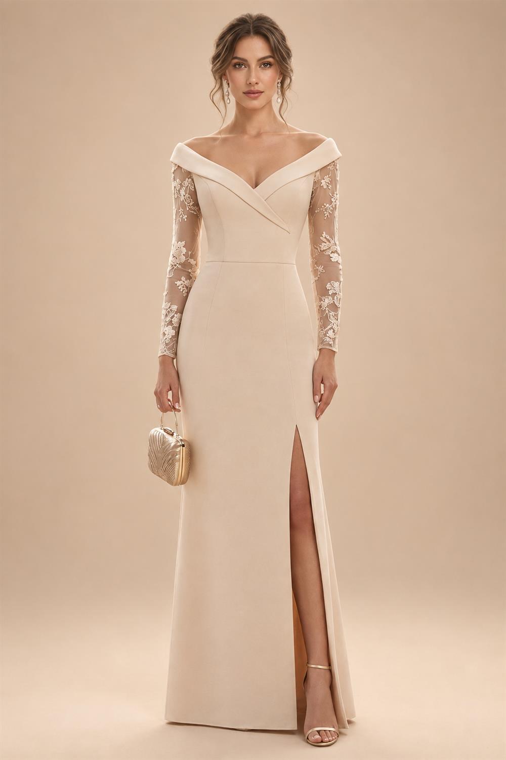 Sheath/Column Off Shoulder Stretch Jersey Floor-Length Mother of the Bride & Groom Dresses with Lace Appliques Sleeves & Slit (SHI22501550)