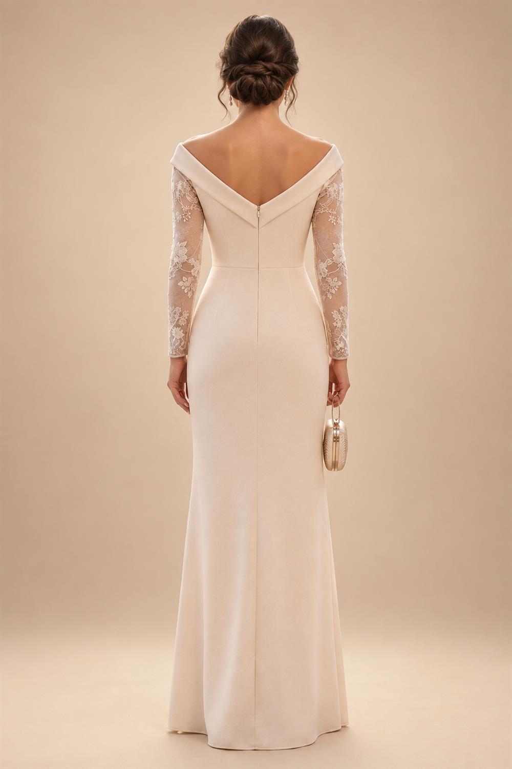 Sheath/Column Off Shoulder Stretch Jersey Floor-Length Mother of the Bride & Groom Dresses with Lace Appliques Sleeves & Slit (SHI22501550)