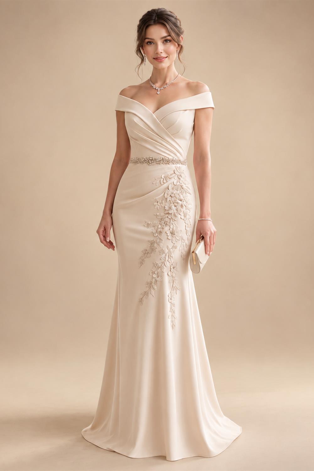 Sheath/Column Off Shoulder Chiffon Floor-Length Mother of the Bride & Groom Dresses with Lace Appliques (SHI22501551)