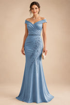 Sheath/Column Off Shoulder Chiffon Floor-Length Mother of the Bride & Groom Dresses with Lace Appliques (SHI22501551)