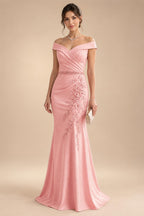 Sheath/Column Off Shoulder Chiffon Floor-Length Mother of the Bride & Groom Dresses with Lace Appliques (SHI22501551)