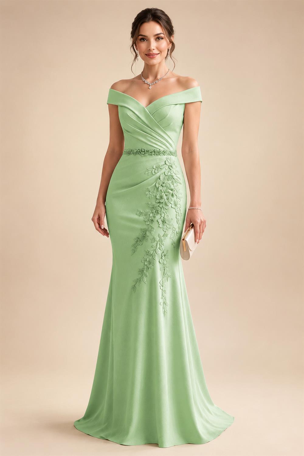 Sheath/Column Off Shoulder Chiffon Floor-Length Mother of the Bride & Groom Dresses with Lace Appliques (SHI22501551)