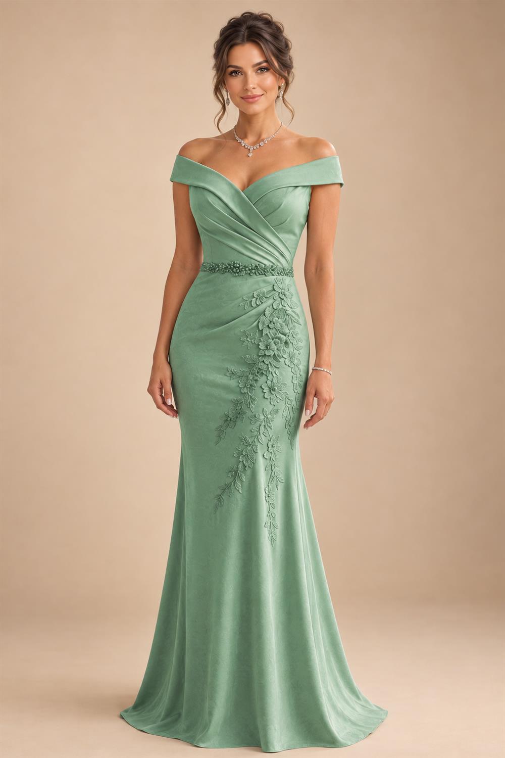 Sheath/Column Off Shoulder Chiffon Floor-Length Mother of the Bride & Groom Dresses with Lace Appliques (SHI22501551)
