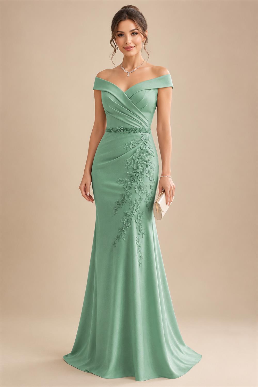 Sheath/Column Off Shoulder Chiffon Floor-Length Mother of the Bride & Groom Dresses with Lace Appliques (SHI22501551)