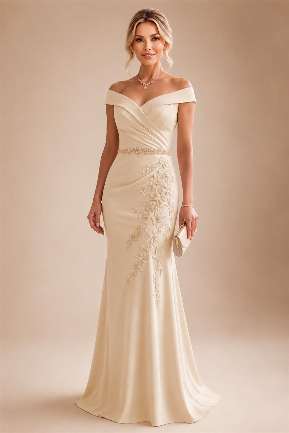 Sheath/Column Off Shoulder Chiffon Floor-Length Mother of the Bride & Groom Dresses with Lace Appliques (SHI22501551)