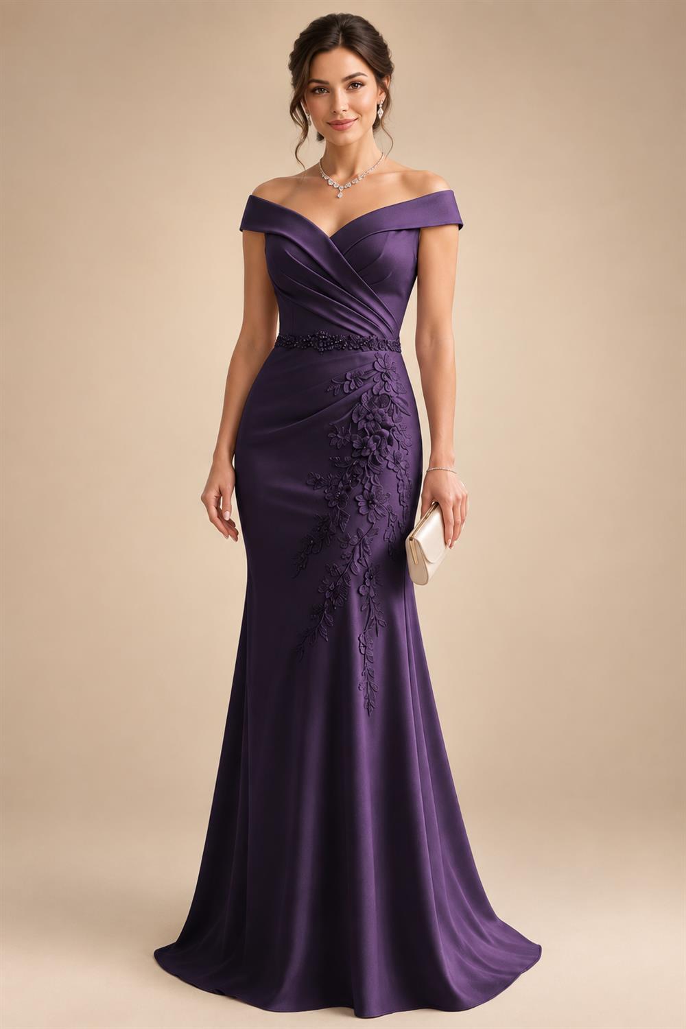 Sheath/Column Off Shoulder Chiffon Floor-Length Mother of the Bride & Groom Dresses with Lace Appliques (SHI22501551)