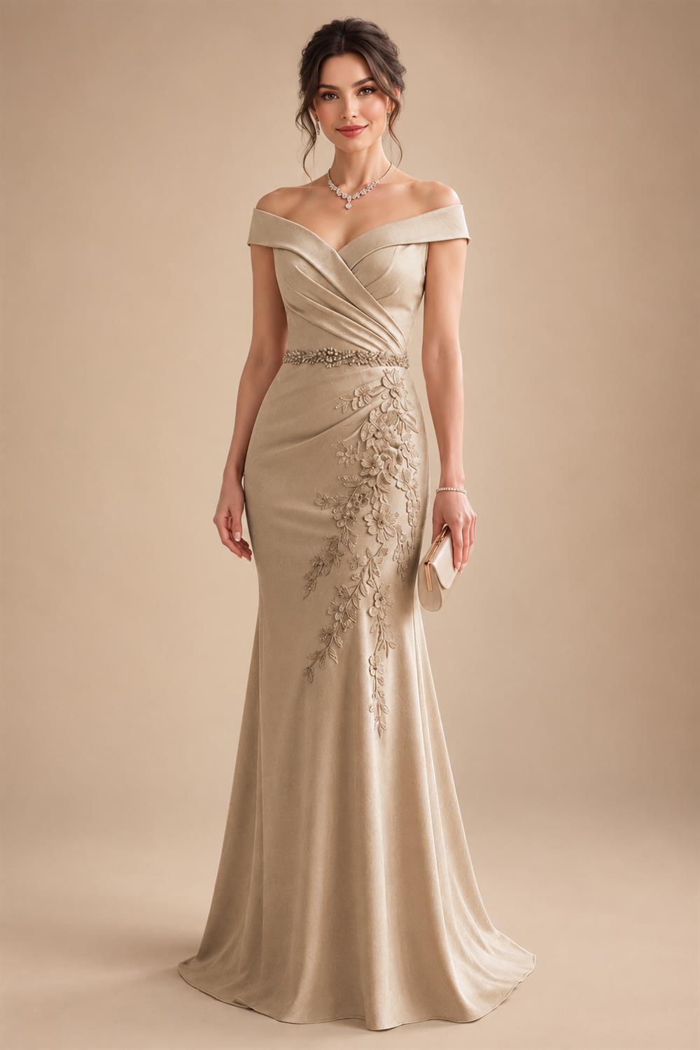 Sheath/Column Off Shoulder Chiffon Floor-Length Mother of the Bride & Groom Dresses with Lace Appliques (SHI22501551)