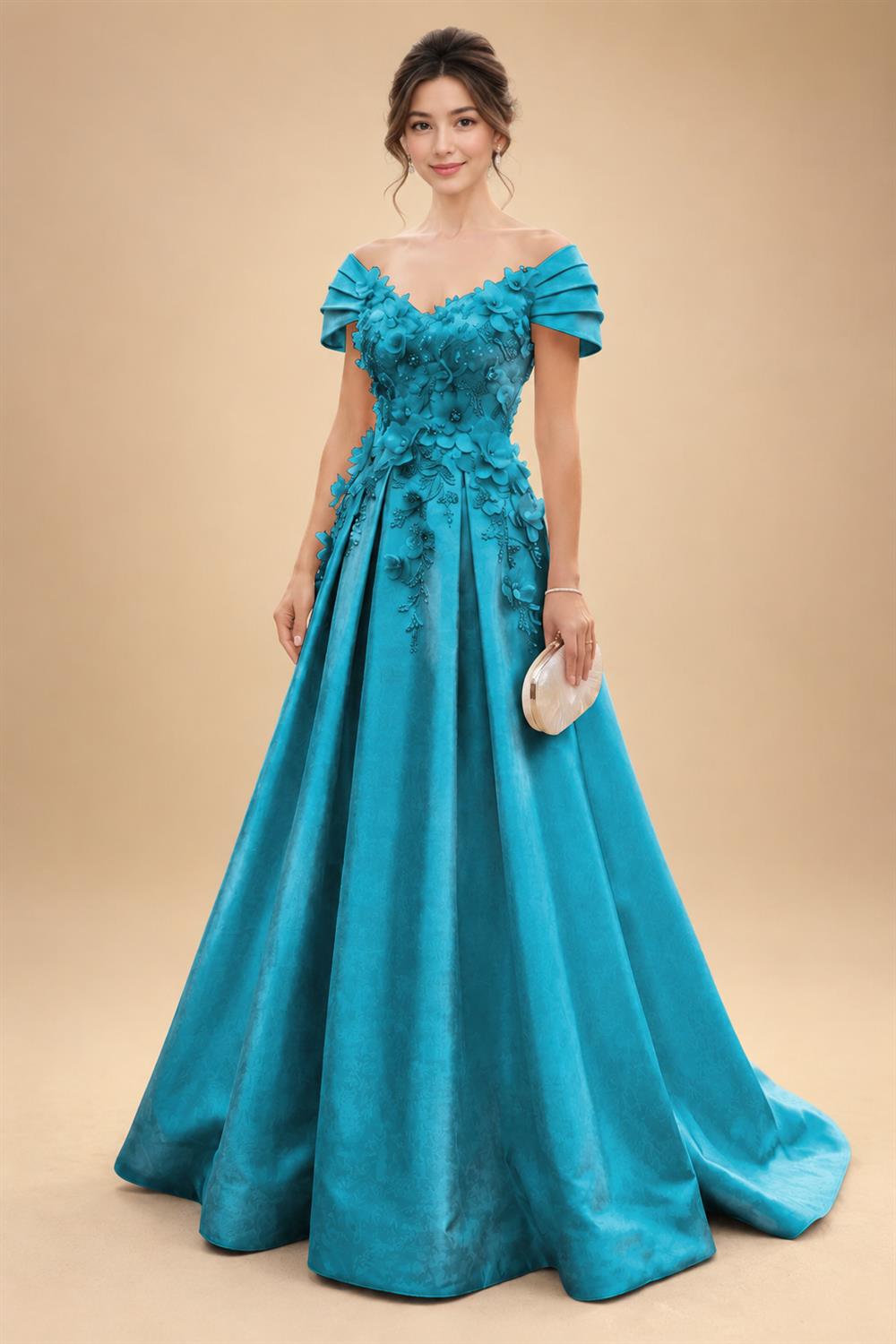 A-Line/Princess Off Shoulder Satin Floor-Length Mother of the Bride & Groom Dresses with 3D Flowers & Sweep Train (SHI22501552)