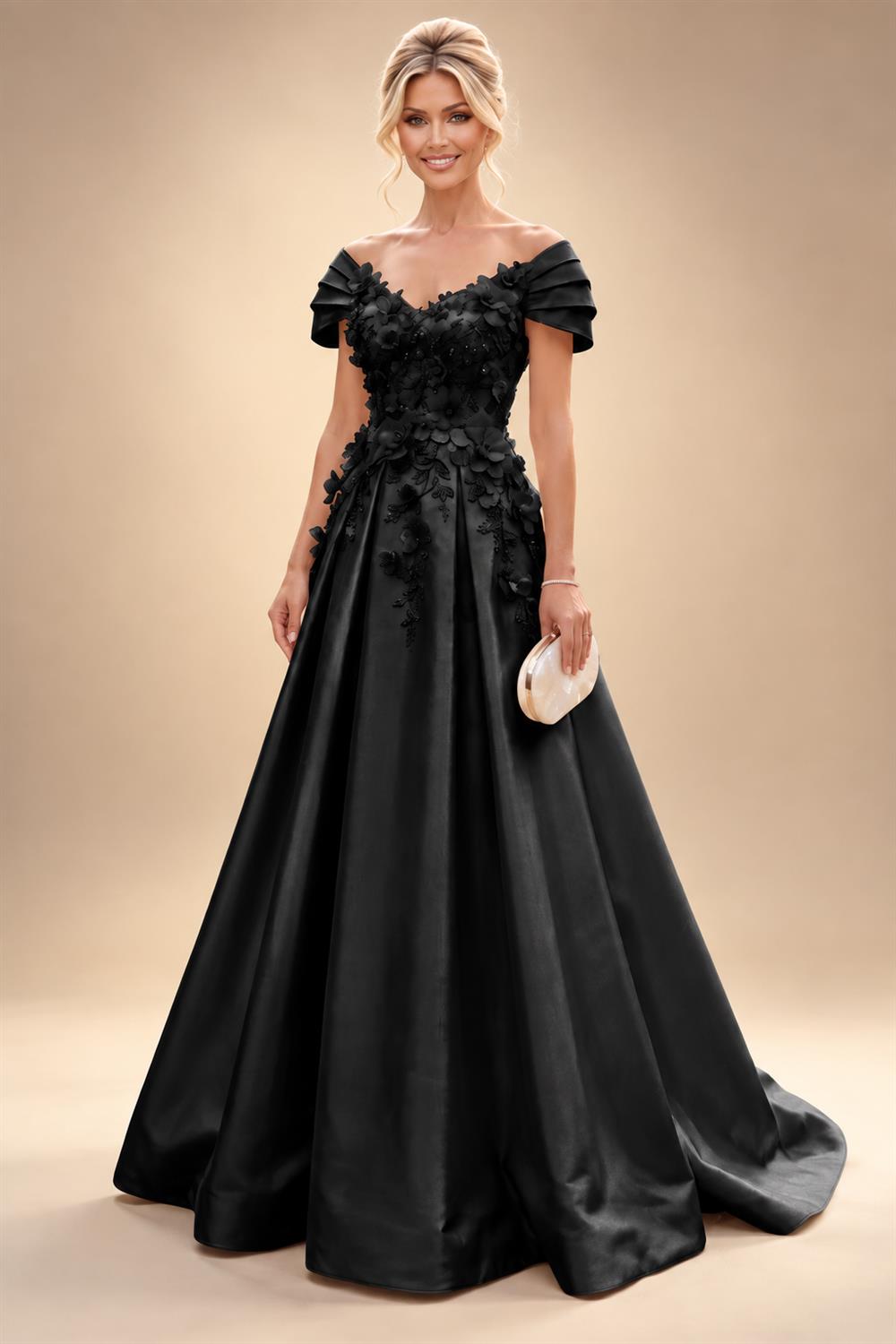 A-Line/Princess Off Shoulder Satin Floor-Length Mother of the Bride & Groom Dresses with 3D Flowers & Sweep Train (SHI22501552)