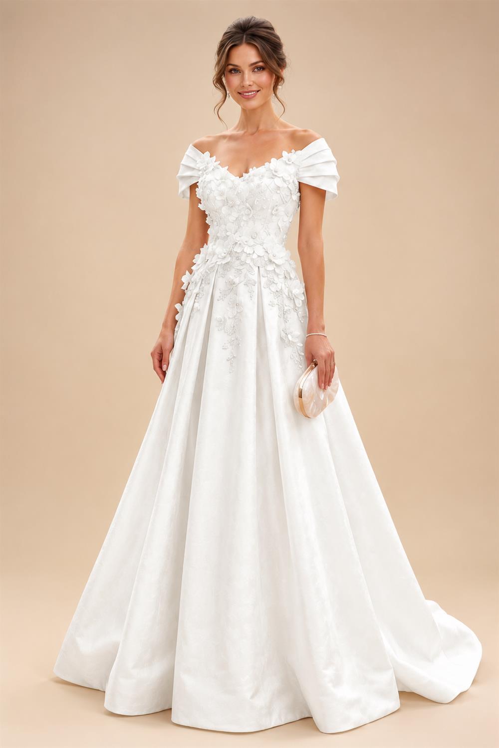 A-Line/Princess Off Shoulder Satin Floor-Length Mother of the Bride & Groom Dresses with 3D Flowers & Sweep Train (SHI22501552)