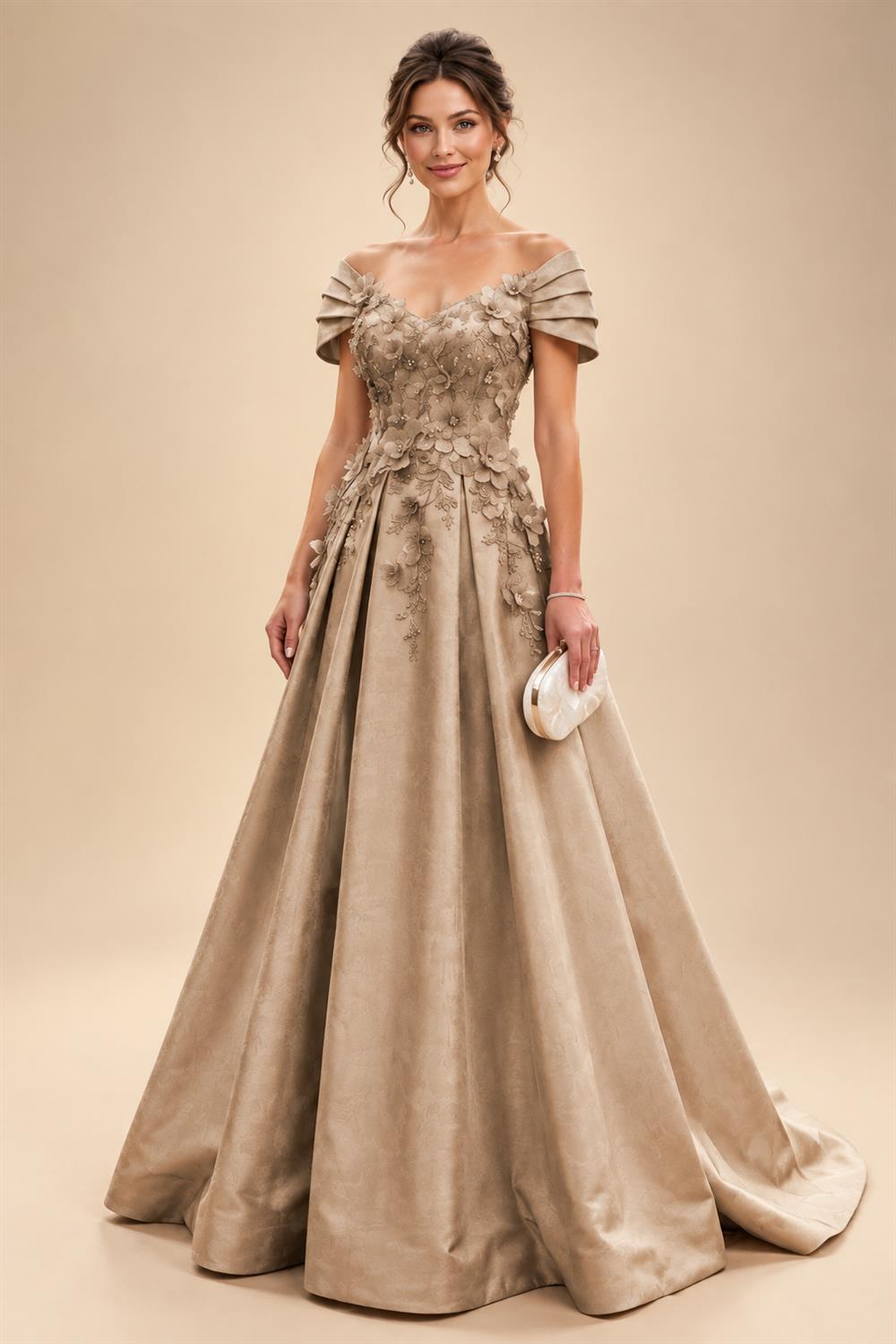 A-Line/Princess Off Shoulder Satin Floor-Length Mother of the Bride & Groom Dresses with 3D Flowers & Sweep Train (SHI22501552)