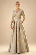 A-Line/Princess Jacquard V-Neck Floor-Length 3/4 Sleeves Mother of the Bride & Groom Dresses with Ruched Waist & Pockets