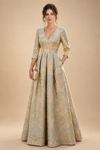 Jacquard A-Line/Princess V-Neck Floor-Length Mother of the Bride & Groom Dresses with Ruched Waist & Pockets (SHI22501298)