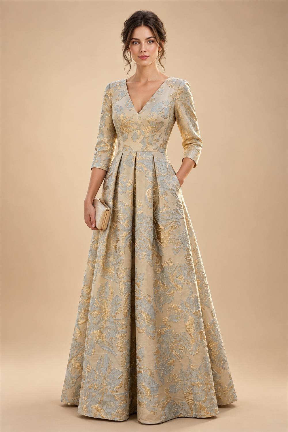 Jacquard A-Line/Princess V-Neck Floor-Length Mother of the Bride & Groom Dresses with Ruched Waist & Pockets (SHI22501298)
