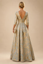 A-Line/Princess Jacquard V-Neck Floor-Length 3/4 Sleeves Mother of the Bride & Groom Dresses with Ruched Waist & Pockets