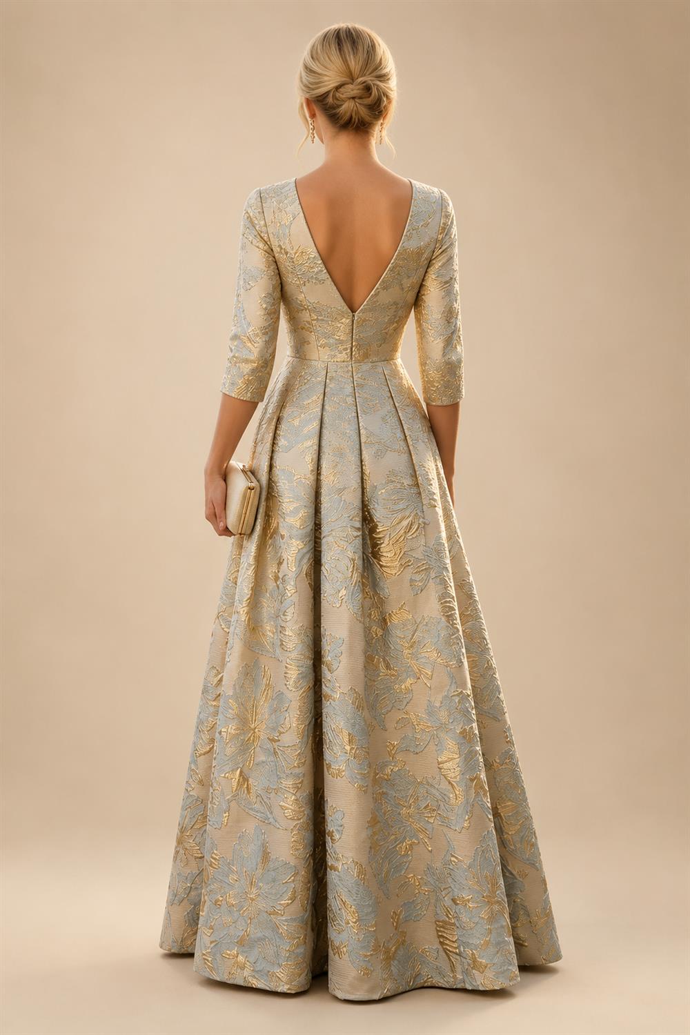 A-Line/Princess Jacquard V-Neck Floor-Length 3/4 Sleeves Mother of the Bride & Groom Dresses with Ruched Waist & Pockets