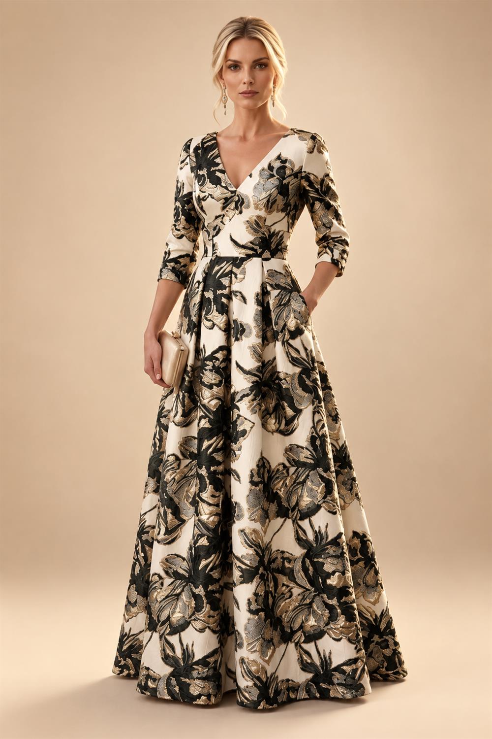 A-Line/Princess Jacquard V-Neck Floor-Length 3/4 Sleeves Mother of the Bride & Groom Dresses with Ruched Waist & Pockets