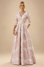A-Line/Princess Jacquard V-Neck Floor-Length 3/4 Sleeves Mother of the Bride & Groom Dresses with Ruched Waist & Pockets