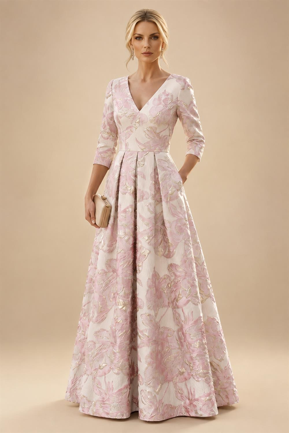 A-Line/Princess Jacquard V-Neck Floor-Length 3/4 Sleeves Mother of the Bride & Groom Dresses with Ruched Waist & Pockets