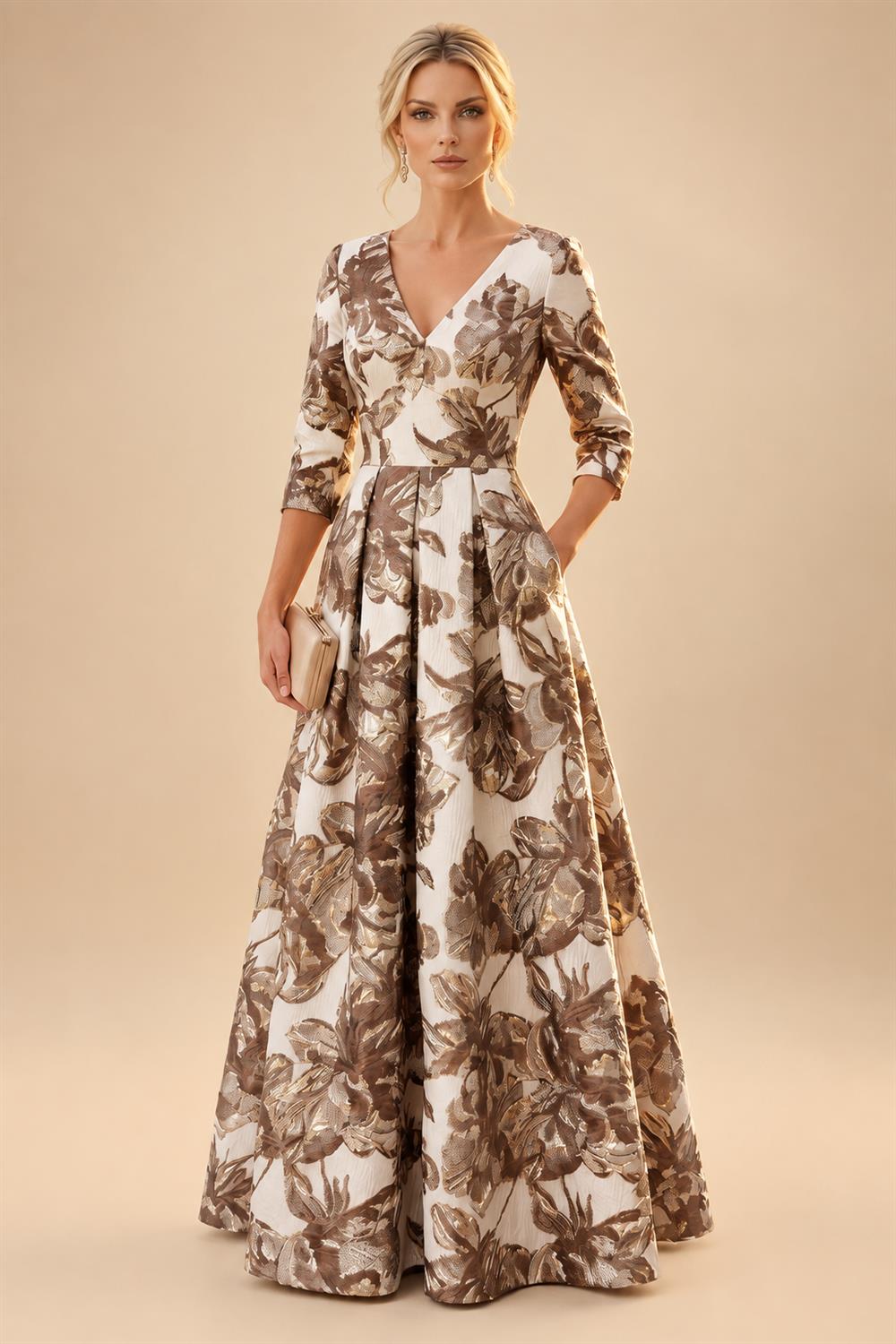 A-Line/Princess Jacquard V-Neck Floor-Length 3/4 Sleeves Mother of the Bride & Groom Dresses with Ruched Waist & Pockets