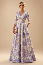 A-Line/Princess Jacquard V-Neck Floor-Length 3/4 Sleeves Mother of the Bride & Groom Dresses with Ruched Waist & Pockets