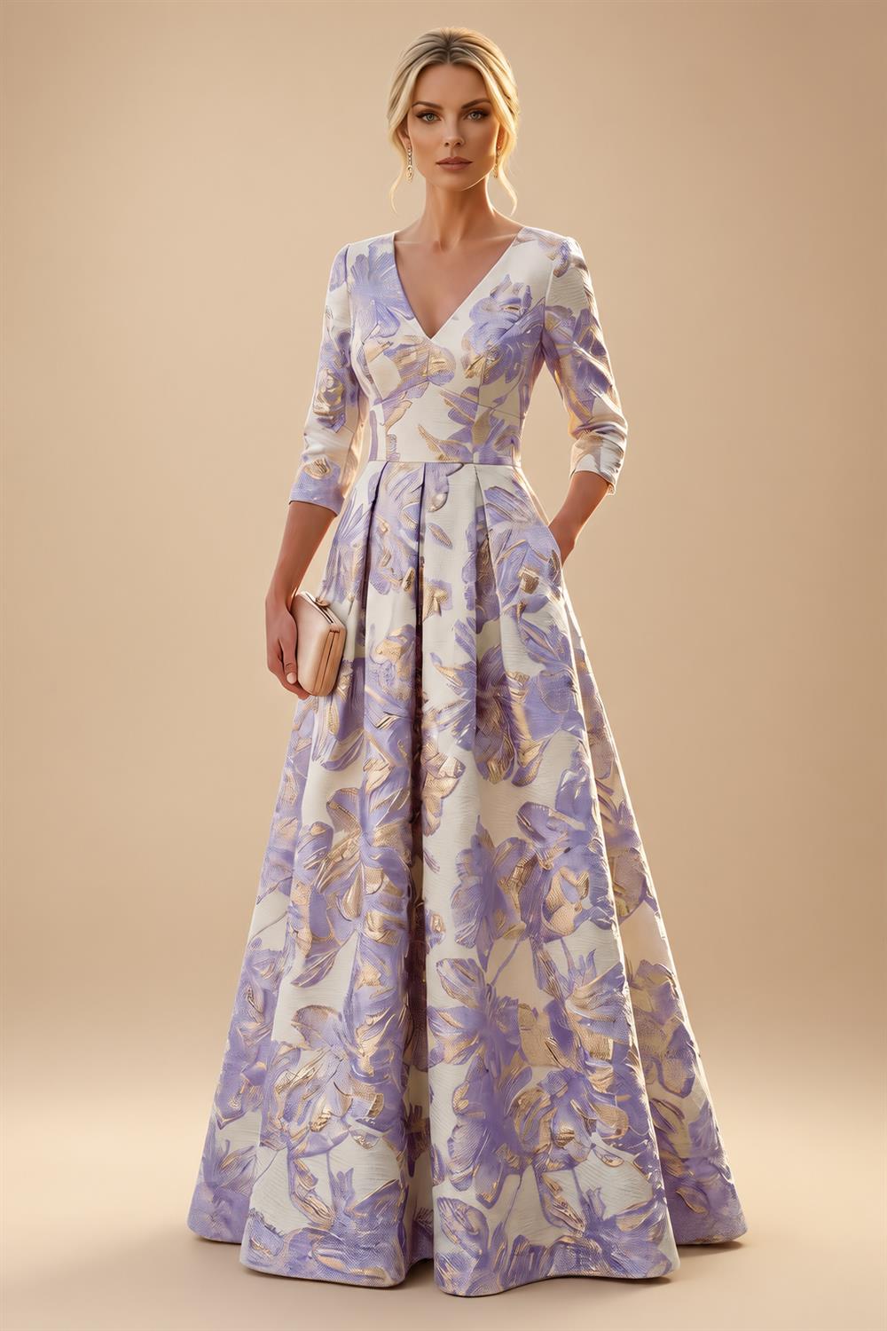 A-Line/Princess Jacquard V-Neck Floor-Length 3/4 Sleeves Mother of the Bride & Groom Dresses with Ruched Waist & Pockets