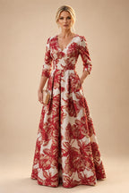 A-Line/Princess Jacquard V-Neck Floor-Length 3/4 Sleeves Mother of the Bride & Groom Dresses with Ruched Waist & Pockets