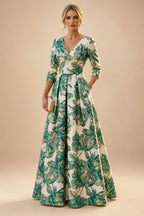 A-Line/Princess Jacquard V-Neck Floor-Length 3/4 Sleeves Mother of the Bride & Groom Dresses with Ruched Waist & Pockets