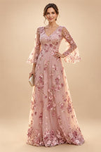 Tulle A-Line/Princess V-Neck Floor-Length Mother of the Bride & Groom Dresses with 3D Flowers (SHI22501351)