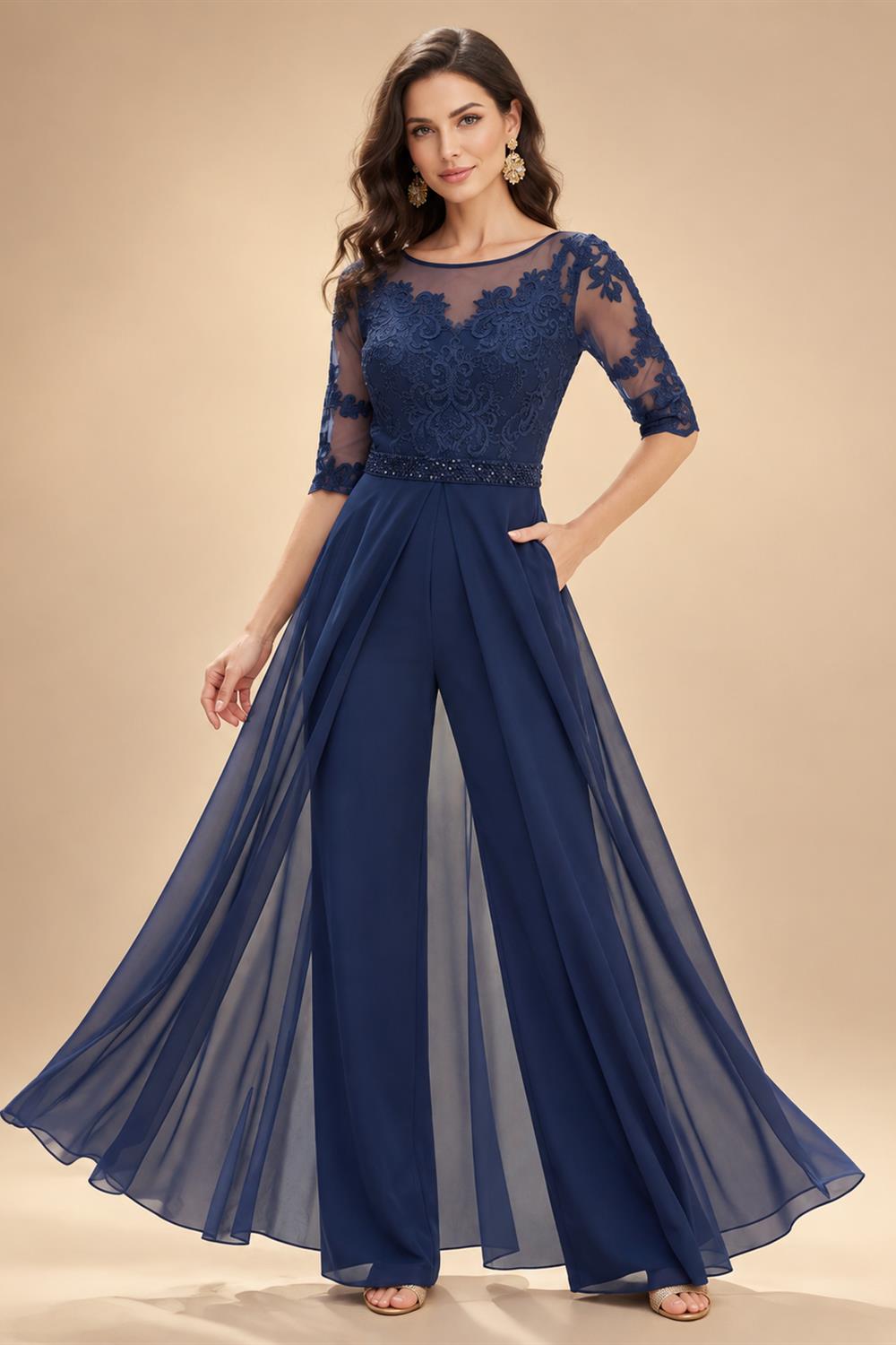 Scoop Neck Chiffon Floor-Length Mother of the Bride & Groom Jumpsuit with Lace Appliques (SHI22501558)